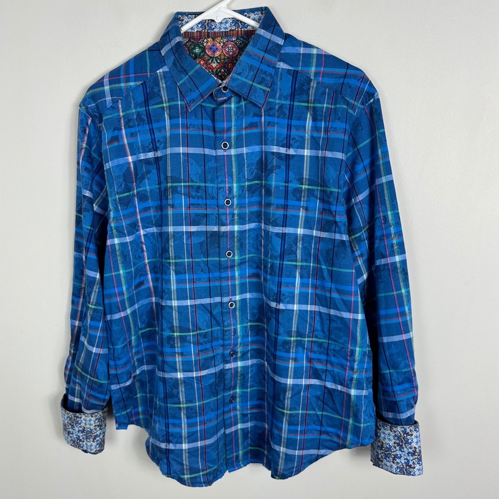 Robert Graham Long Sleeve Blue Plaid Collared Shirt Mens‎ Size Medium Cotton